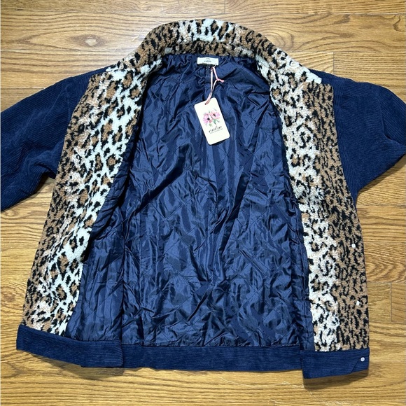 NWT Entro Corduroy Jacket Blue Button Up Shacket with Leopard Print Collar Sz L - Picture 5 of 8